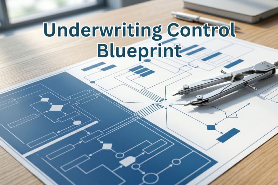 Blueprint on a desk with a drafting compass, overlaid with the title 'Underwriting Control Blueprint'