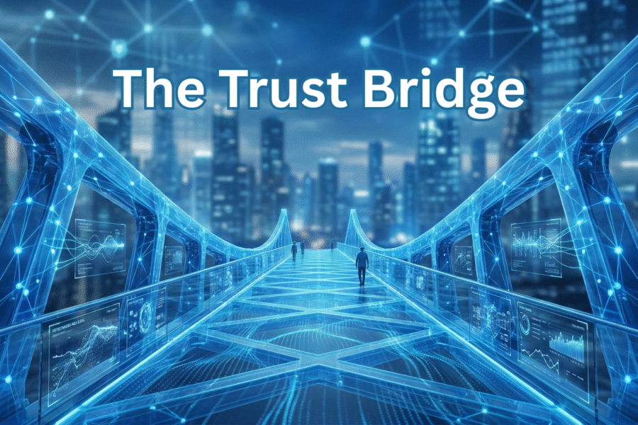 Futuristic blue glass bridge with people walking toward a city skyline and holographic screens along the sides, the title reading 'The Trust Bridge' above.