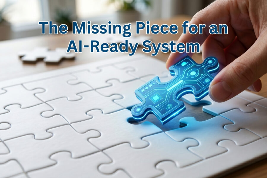 Hand placing a glowing blue circuitry puzzle piece into a white puzzle, symbolizing an AI-ready system.
