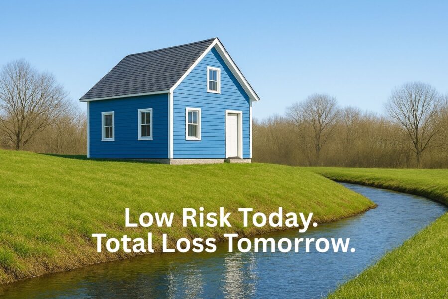 Blue house on a grassy hill beside a winding canal under a clear blue sky, with the slogan 'Low Risk Today. Total Loss Tomorrow.'