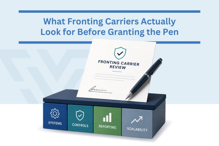 Banner about what fronting carriers look for before granting the pen; shows a document and pen on a stack with 'Systems', 'Controls', 'Reporting', 'Scalability' tiles.