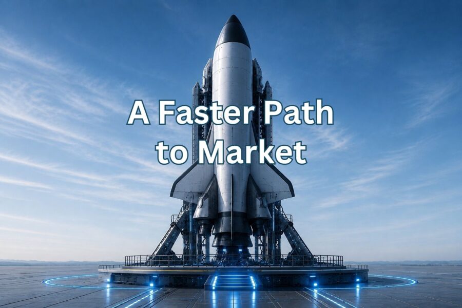 Rocket on a launch pad with the tagline 'A Faster Path to Market' over a blue sky.